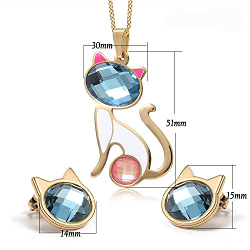 CARSINEL Chapado de 18K Oro para Joyería de Moda Collar de Mujer Juegos Gato Colgante Acero Inoxidable Collar Pendientes Cristal Juegos