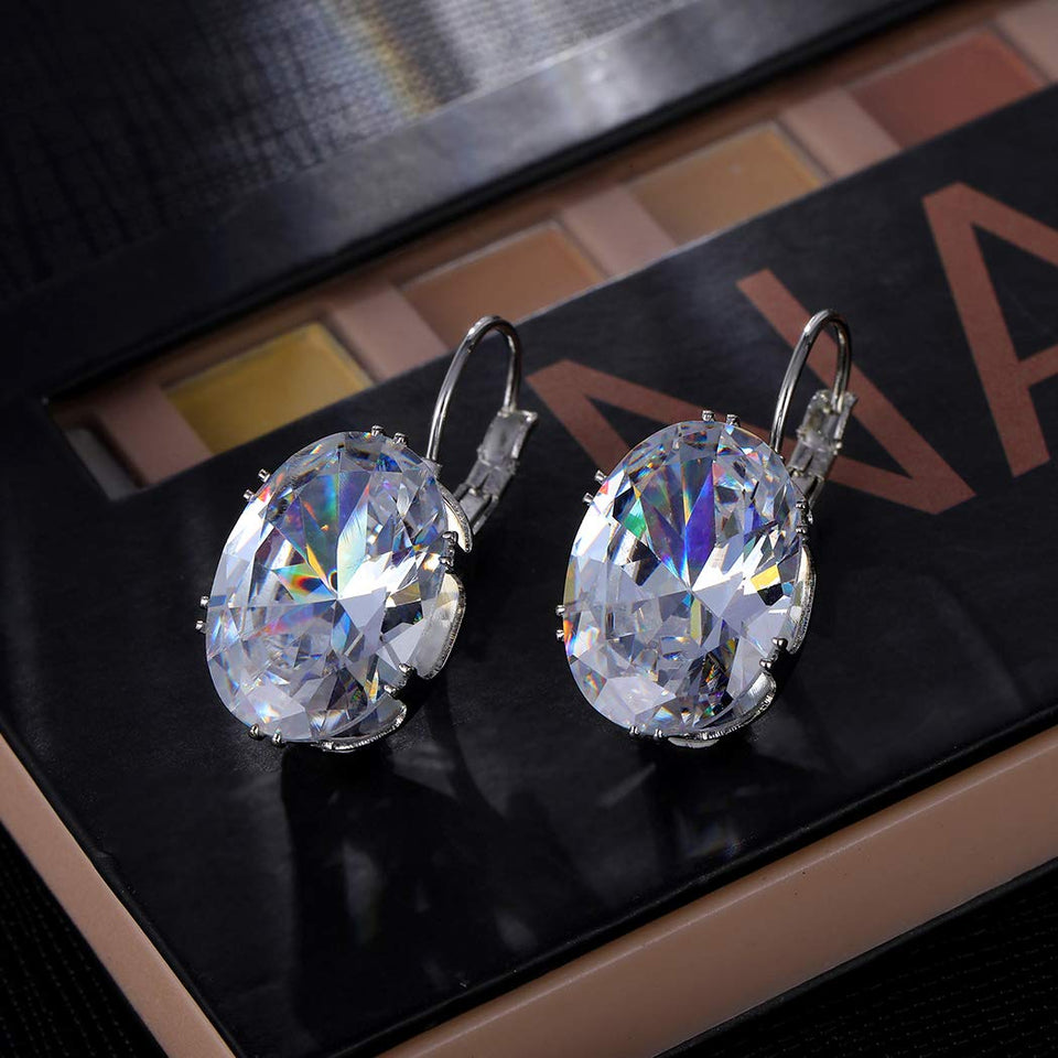 CARSINEL Elegante Blanco Oro Plateado Con Grande Brillante Oval Zirconia Cúbica Aretes De Aro para Mujeres Niñas