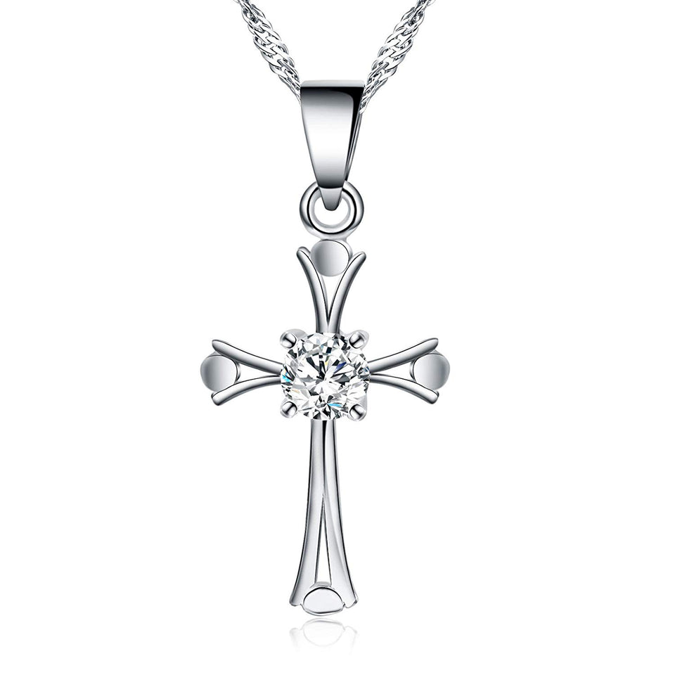 Plata Cristal Diamante Cruz Collar Colgante