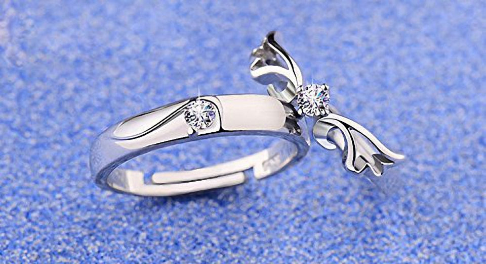 2 Pcs Plata Diamante Amantes Anillo, "I Love You", Apertura, tamaño Ajustable, D40