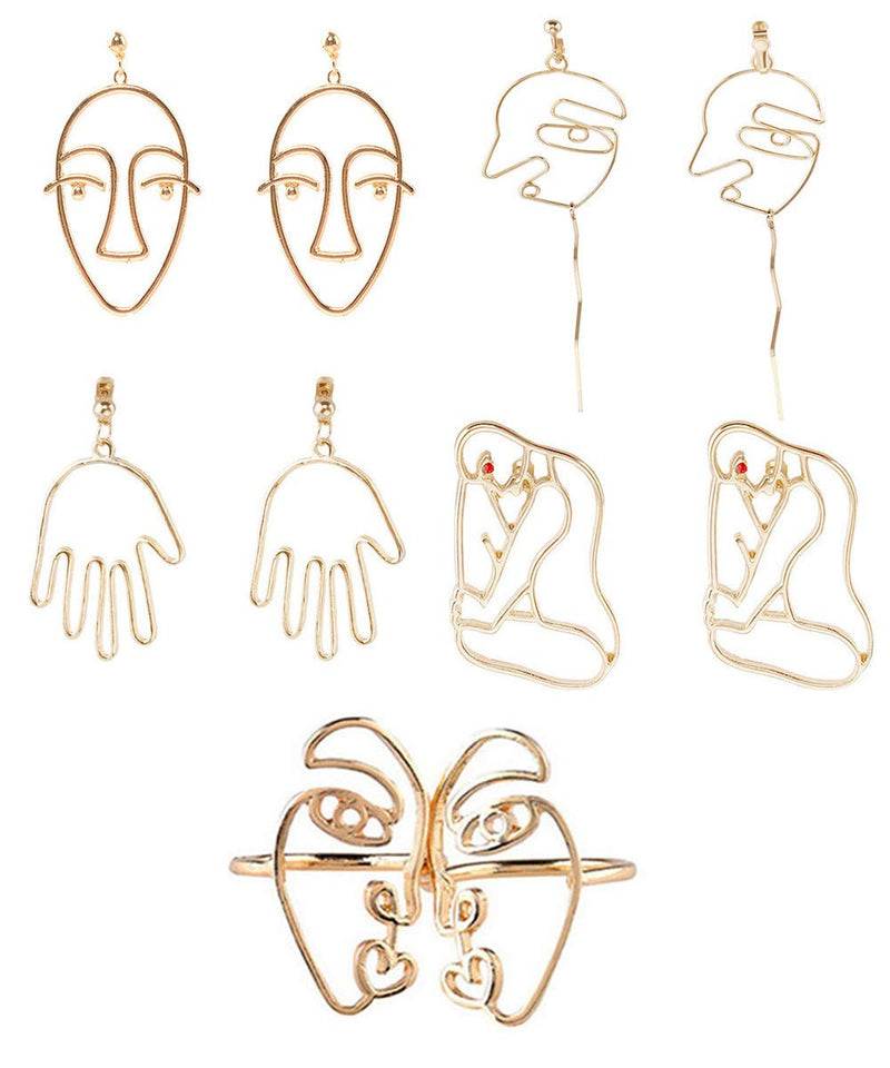 Mrotrida Vendimia Cara Aretes Arte Abstracto de la Mano Cuelga Los Pendientes del Perno Prisionero Y Los Anillos Huecos Joyería para Las Mujeres Adolescentes Regalo de Las Muchachas 5 Par/Conjunto