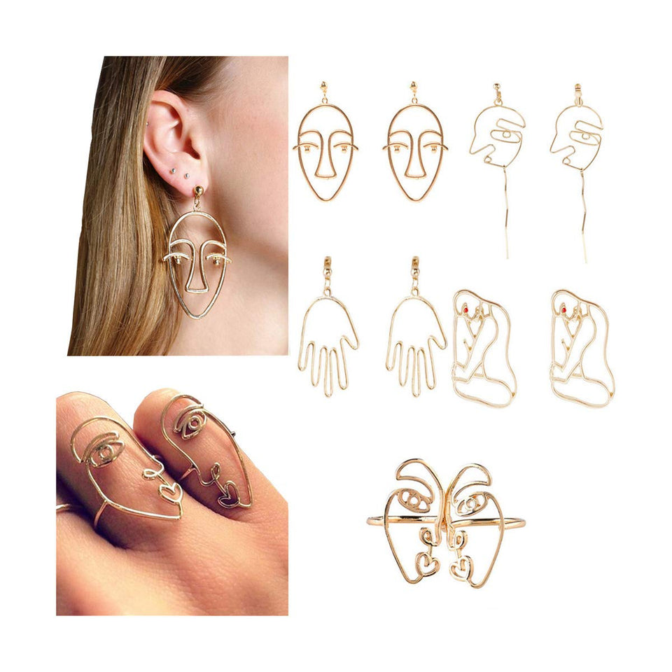 Mrotrida Vendimia Cara Aretes Arte Abstracto de la Mano Cuelga Los Pendientes del Perno Prisionero Y Los Anillos Huecos Joyería para Las Mujeres Adolescentes Regalo de Las Muchachas 5 Par/Conjunto
