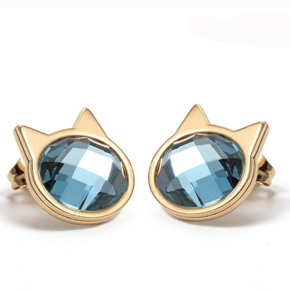 CARSINEL Chapado de 18K Oro para Joyería de Moda Collar de Mujer Juegos Gato Colgante Acero Inoxidable Collar Pendientes Cristal Juegos