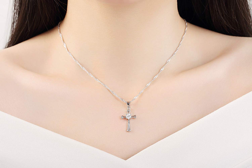 Plata Cristal Diamante Cruz Collar Colgante