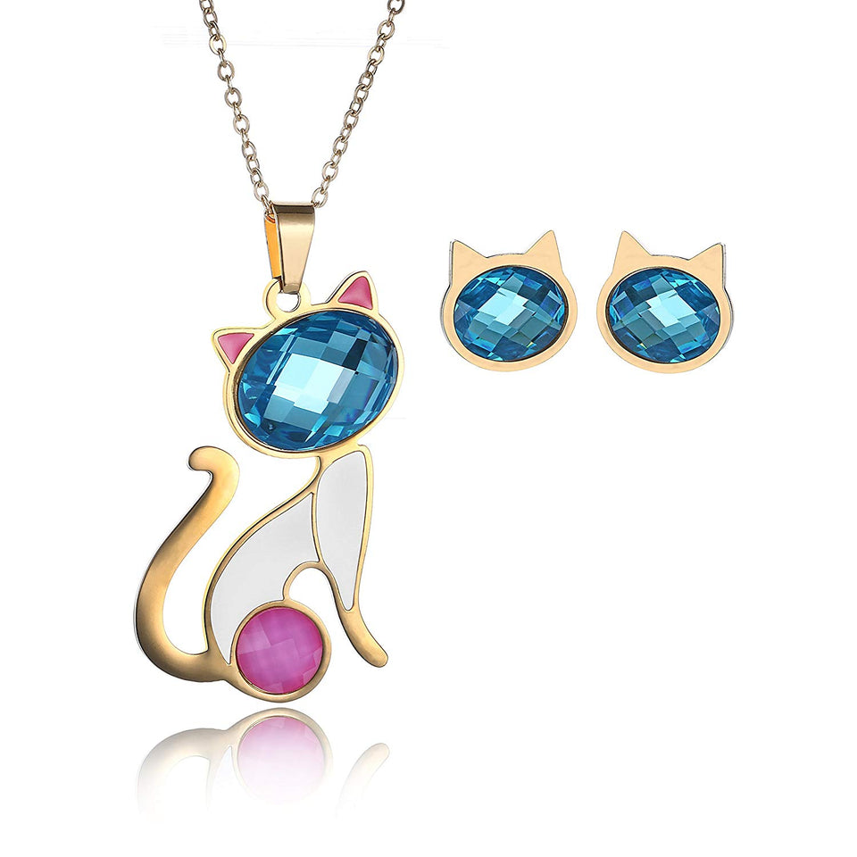 CARSINEL Chapado de 18K Oro para Joyería de Moda Collar de Mujer Juegos Gato Colgante Acero Inoxidable Collar Pendientes Cristal Juegos