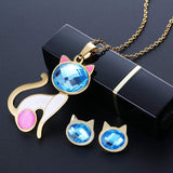 CARSINEL Chapado de 18K Oro para Joyería de Moda Collar de Mujer Juegos Gato Colgante Acero Inoxidable Collar Pendientes Cristal Juegos